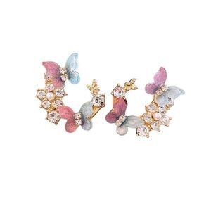 Gold Butterfly & Flower Earrings With Pearl & Rhinestone Accents